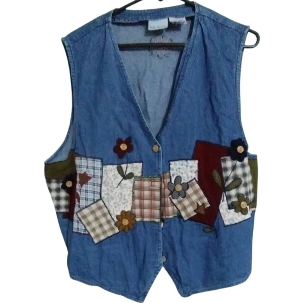 Vintage Bobbie Brooks Patchwork Denim Vest Womens XL Floral Plaid Cottagecore 90